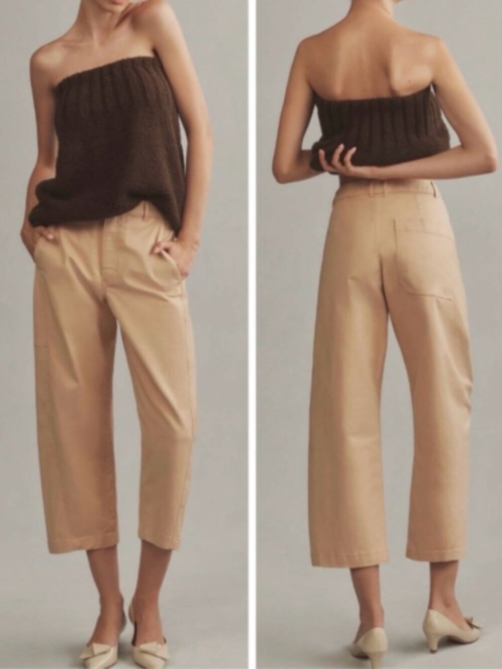 Anthropologie Maeve High Rise Curved Cropped Barrel Leg Chino Pants in Khaki